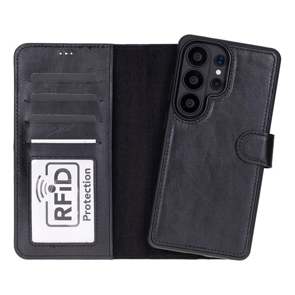 Kart yuvalı ve RFID korumalı siyah deri kapaklı telefon kılıfı.