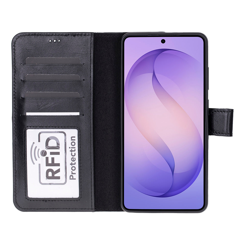 Sol tarafta kart yuvaları ve RFID koruması bulunan siyah akıllı telefon kapaklı kılıf.