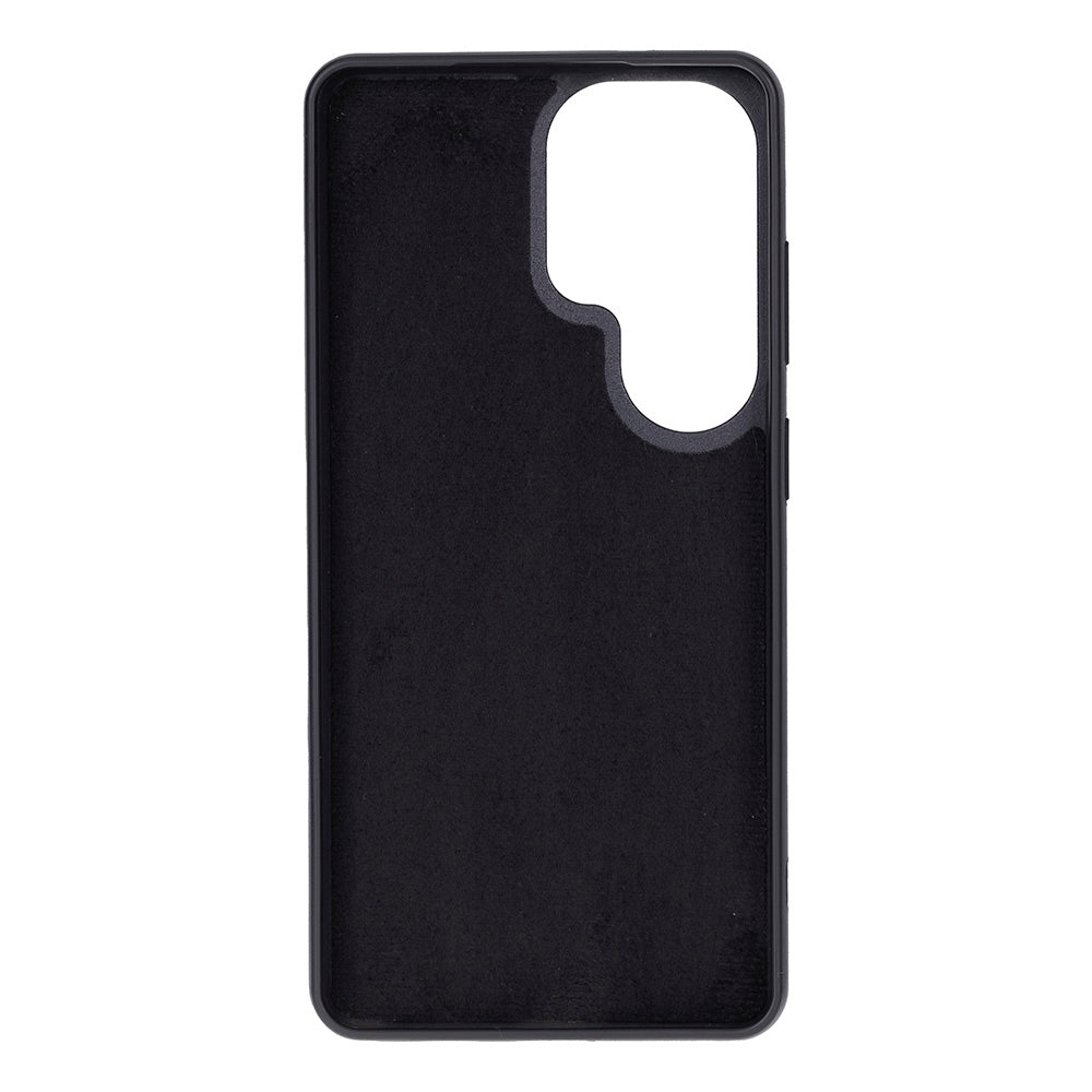 Kamera ve düğmeler için kesikleri olan siyah telefon kılıfı.