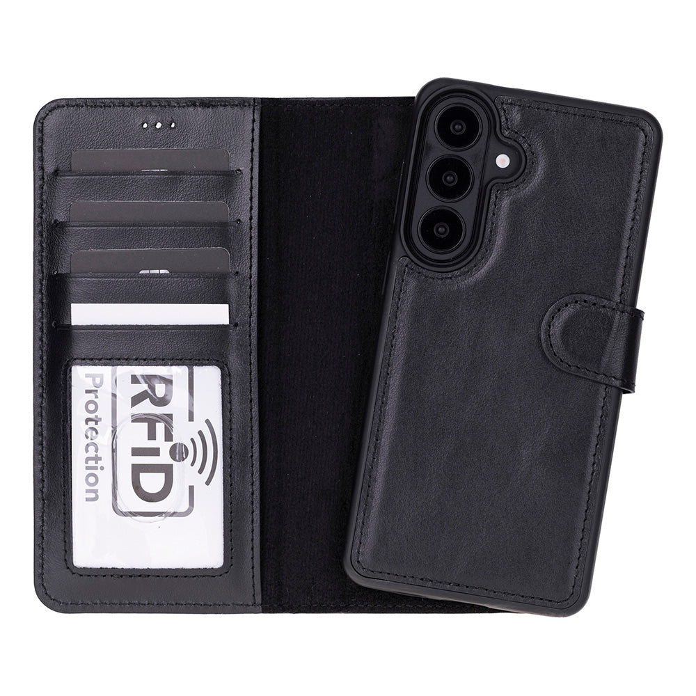 Kart yuvalı ve RFID korumalı siyah deri telefon kılıfı.