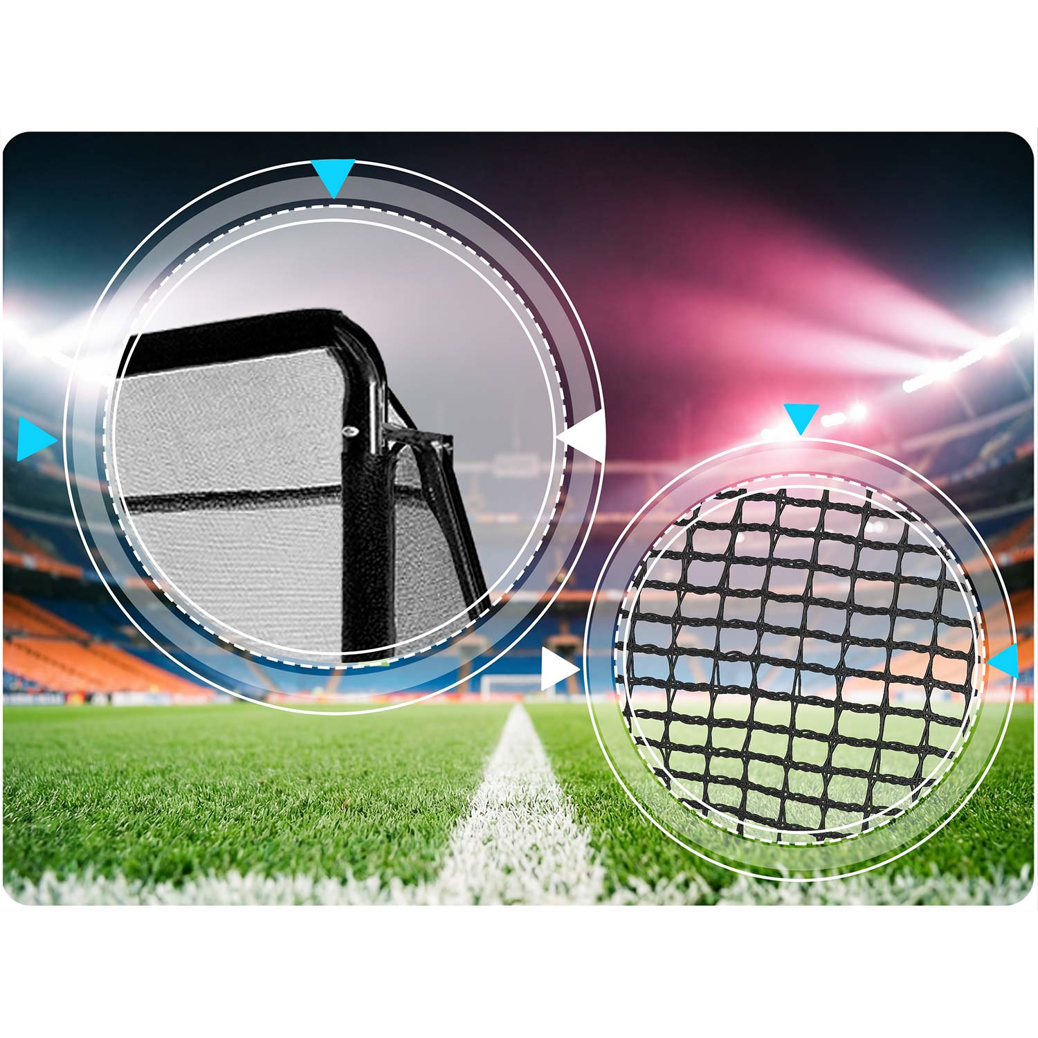 Boisko piłkarskie z zbliżeniami ramki i siatki.