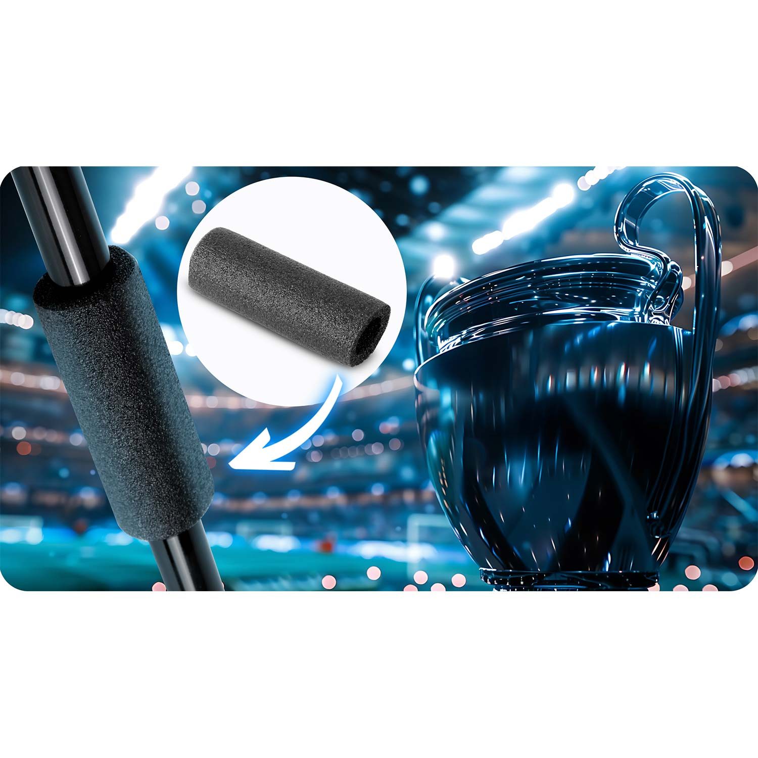 Zbliżenie czarnego uchwytu piankowego na metalowym drążku, z pucharem w tle.