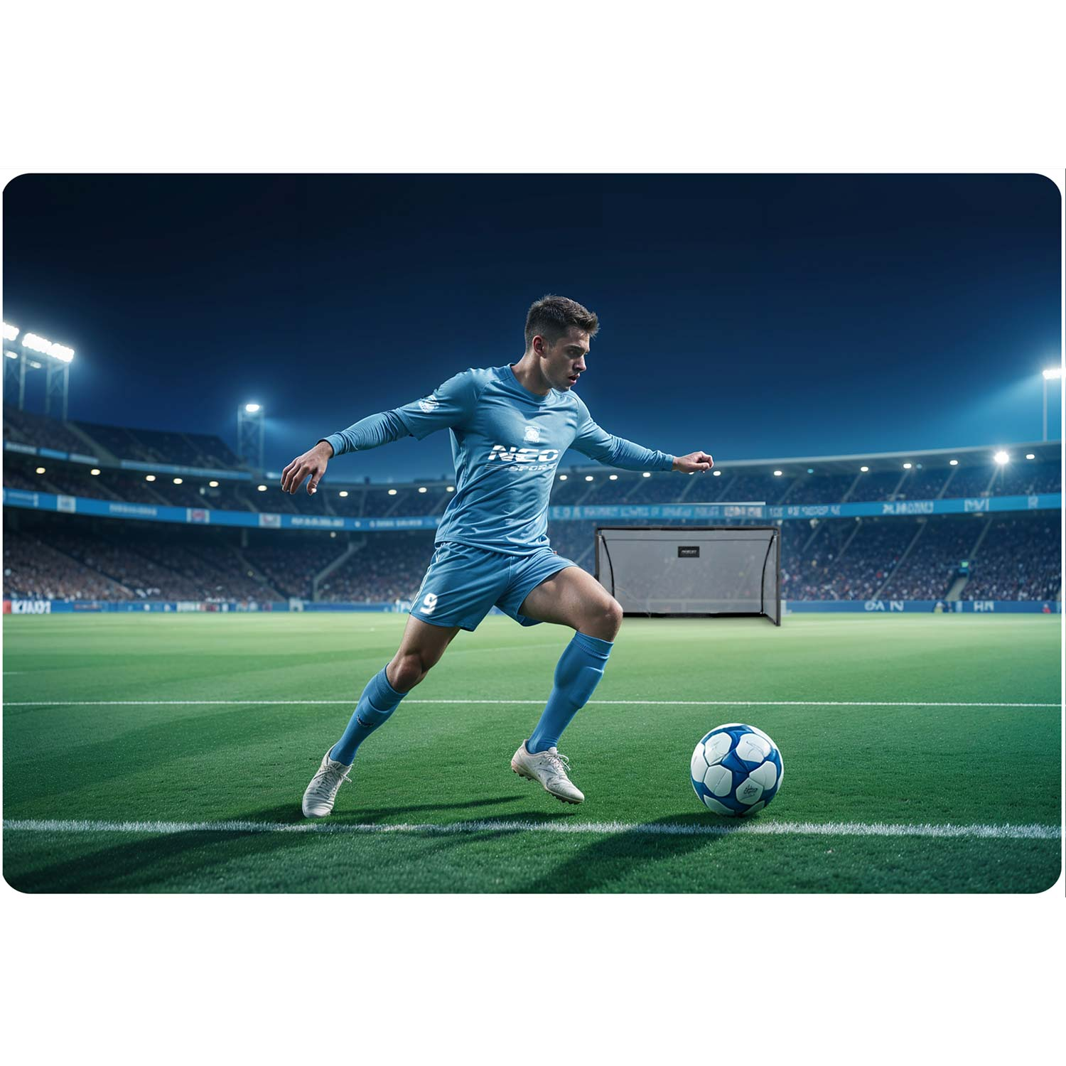 Piłkarz w niebieskiej koszulce drybluje na zielonym boisku pod światłami.