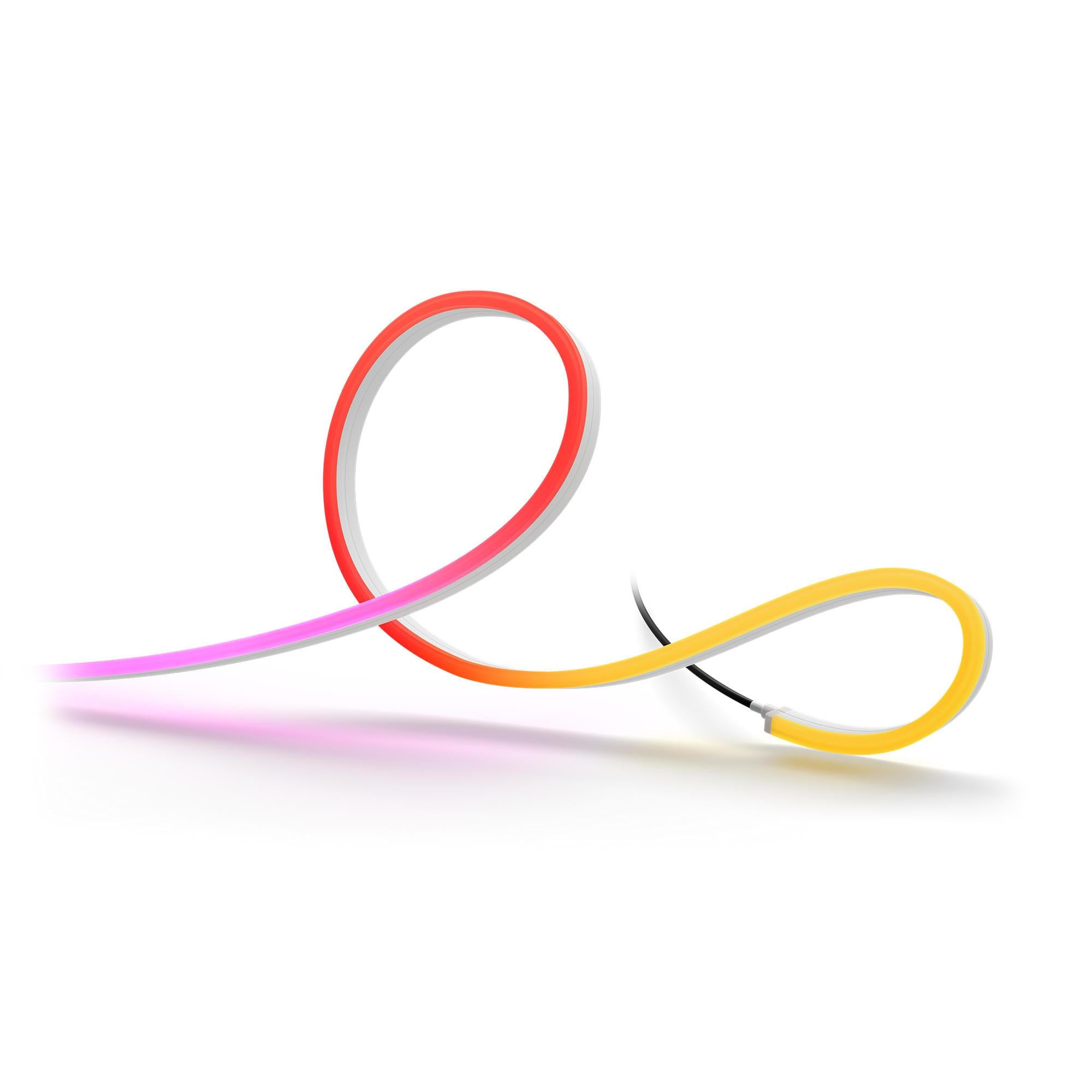 Una striscia LED flessibile rossa, rosa e gialla su sfondo bianco.
