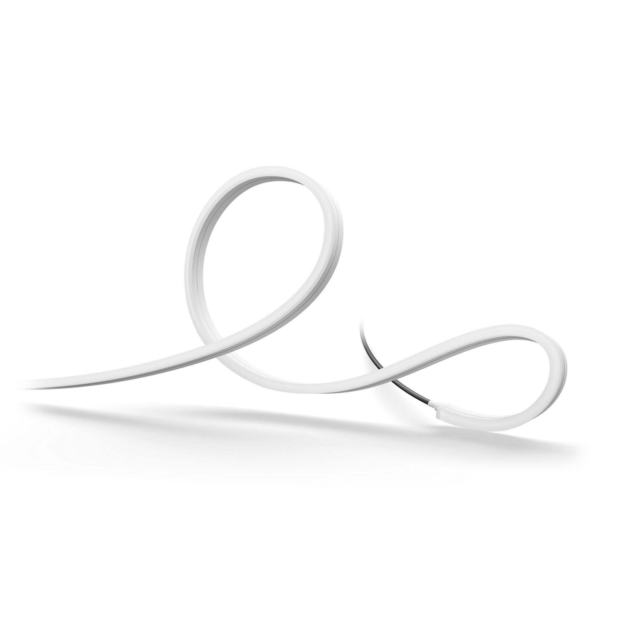 Una striscia LED bianca si piega in un anello su sfondo bianco.