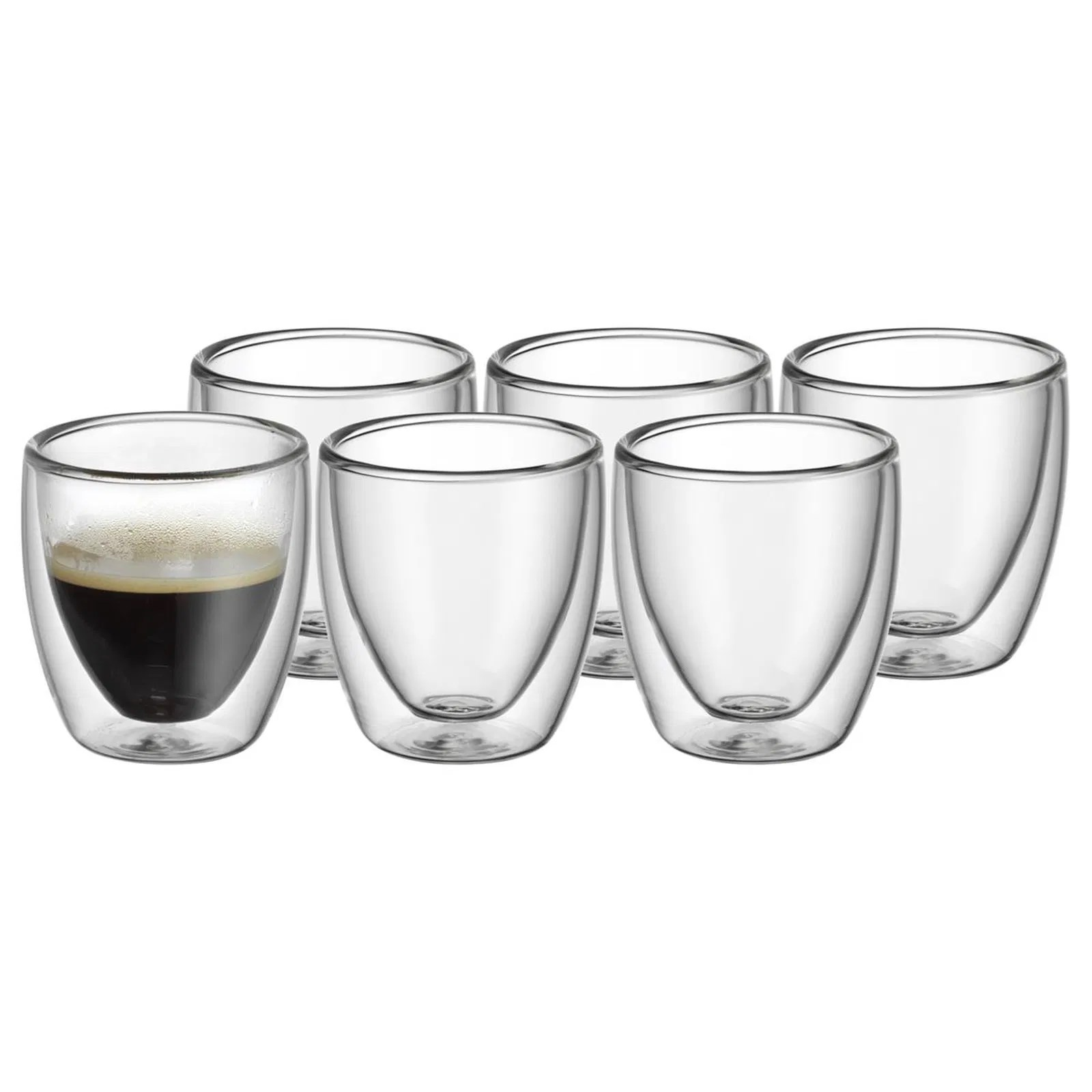 Altı çift cidarlı bardak, biri espresso ile dolu.