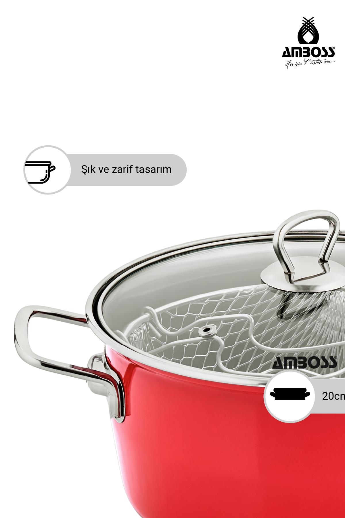 Kırmızı tencere, cam kapaklı ve metal süzgeçli, 20cm.