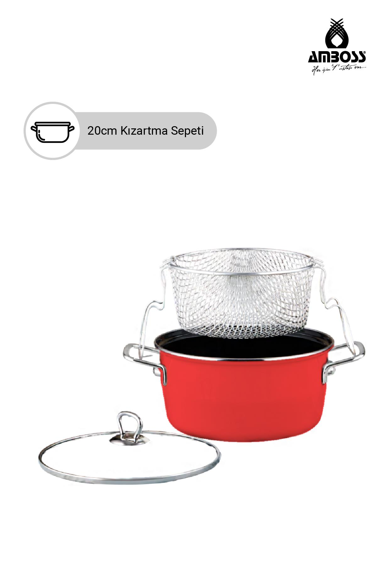 Gümüş fritöz sepetli ve cam kapaklı kırmızı tencere.