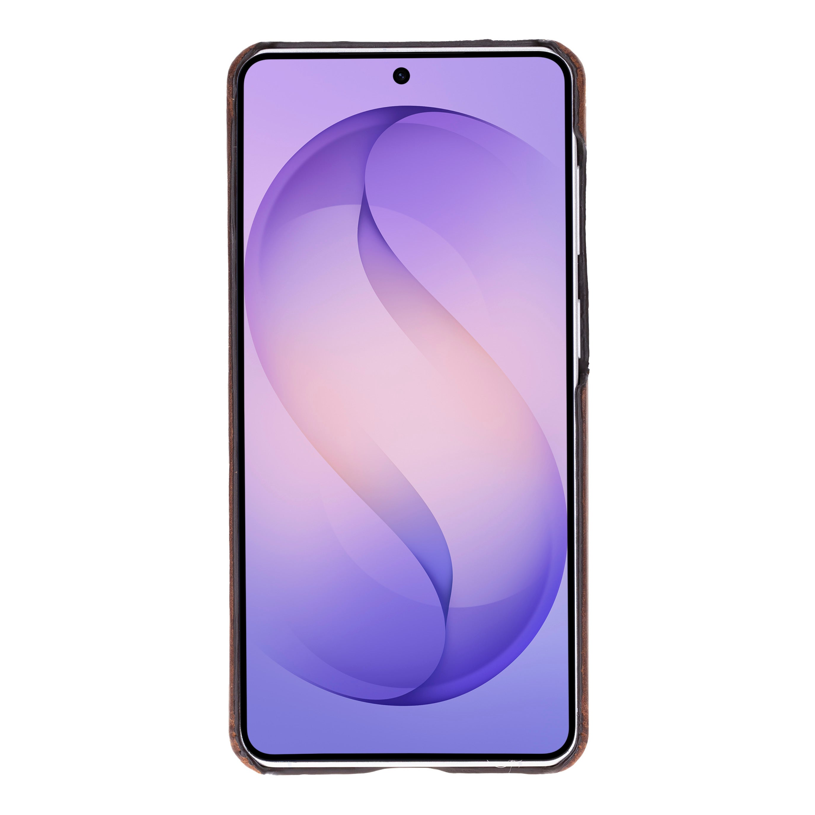 Kahverengi kenarlı ve mor arka plan grafikli bir akıllı telefon.