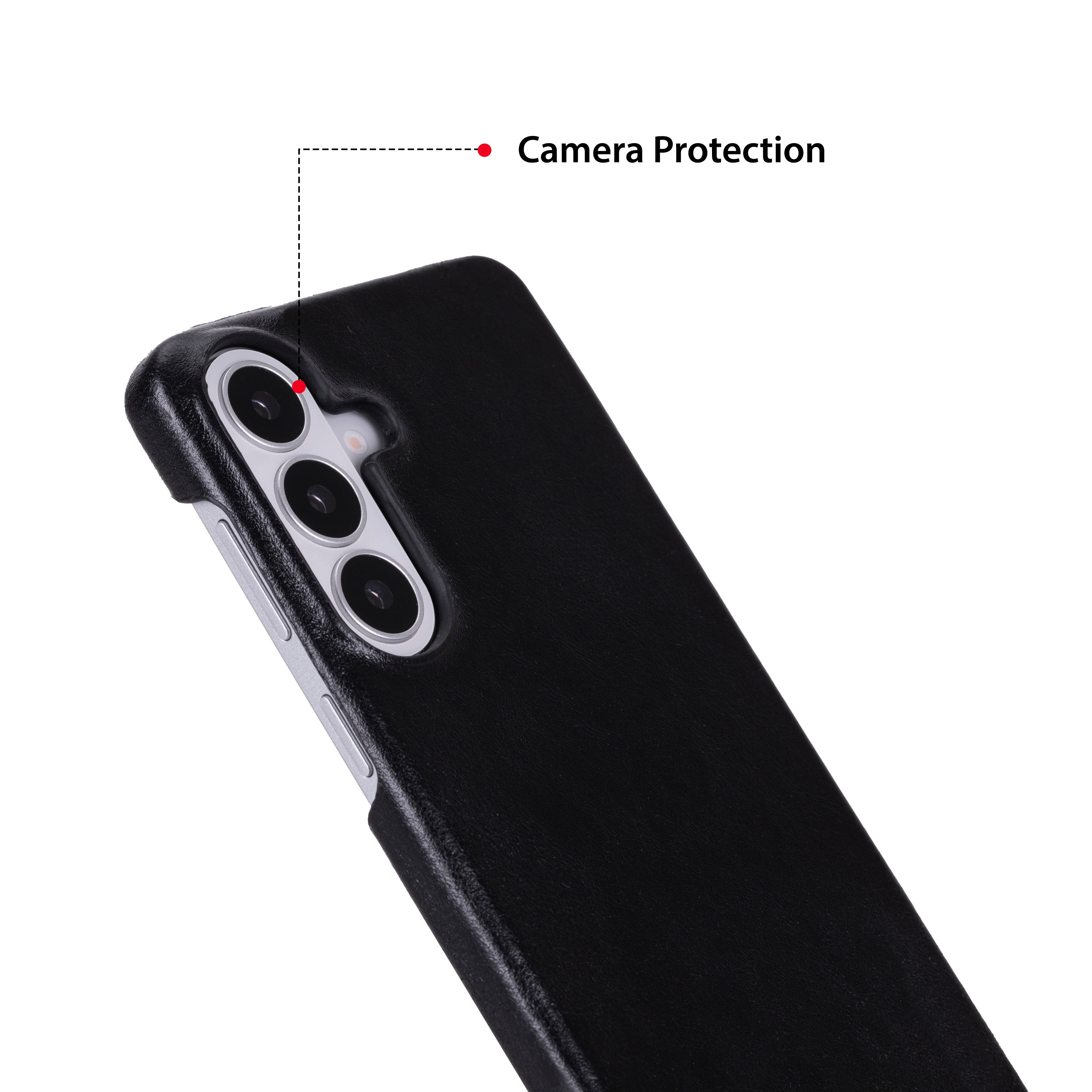 Beyaz arka plan üzerinde kamera kesimli siyah telefon kılıfı.
