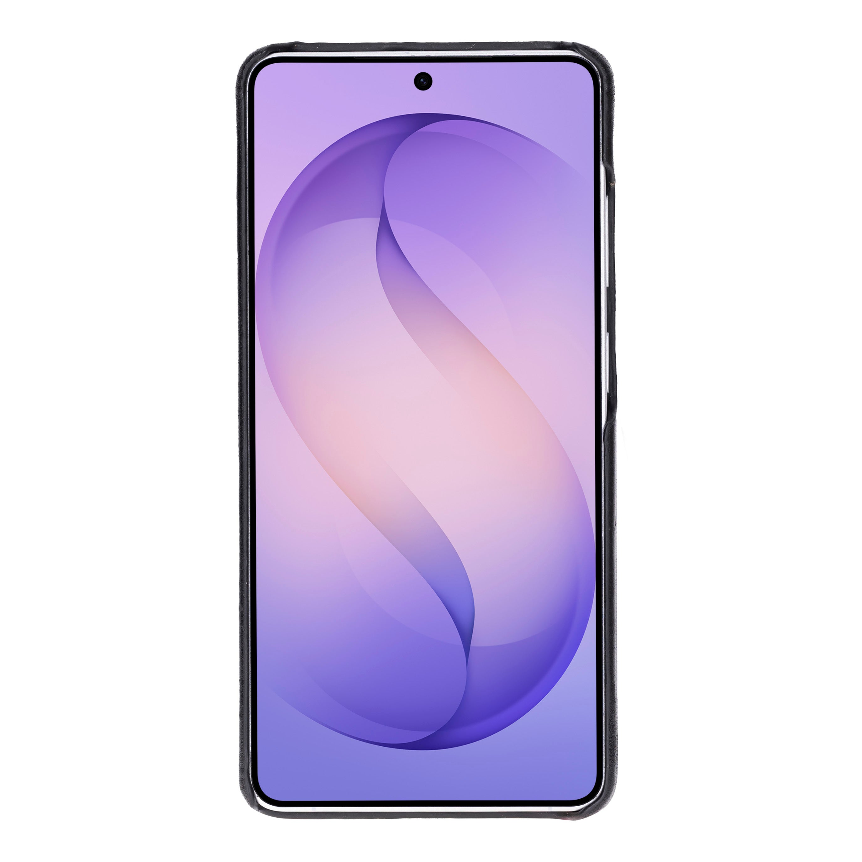 Mor soyut arka planlı ve siyah kılıflı bir akıllı telefon.