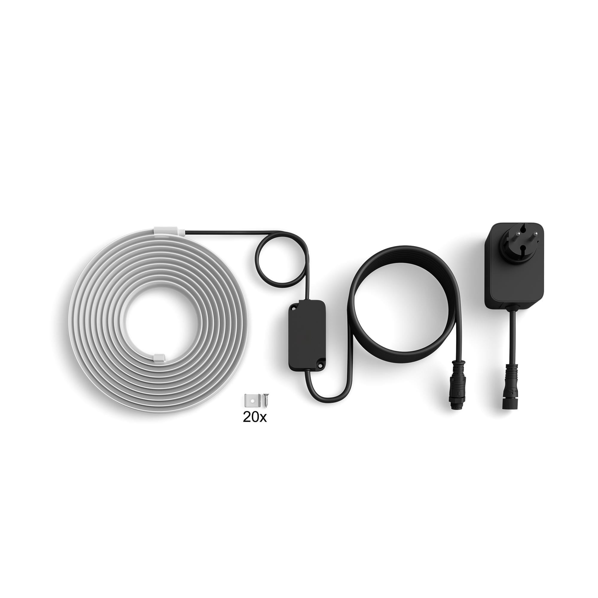 Una tira de luz blanca enrollada con cable negro, enchufe y herrajes.