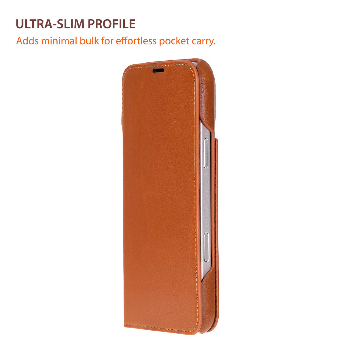 Turuncu deri telefon kılıfı, ince profil, gümüş akıllı telefon ile.