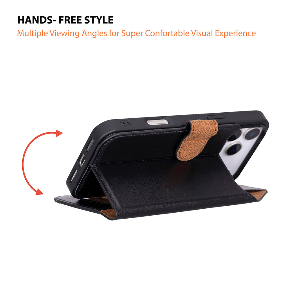 Kahverengi kayışlı, stand olarak katlanmış siyah deri telefon kılıfı.