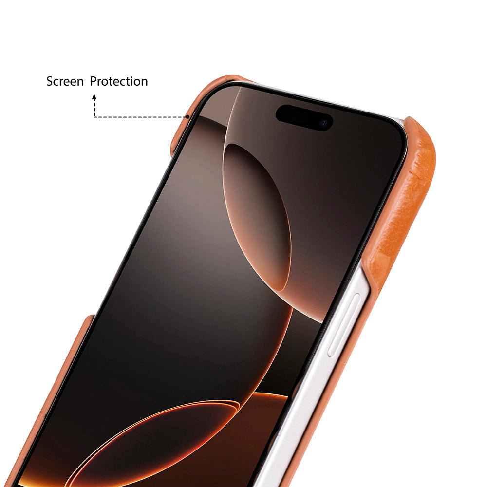 Turuncu telefon kılıfı, çentikli ve koyu ekranlı bir akıllı telefonu korur.