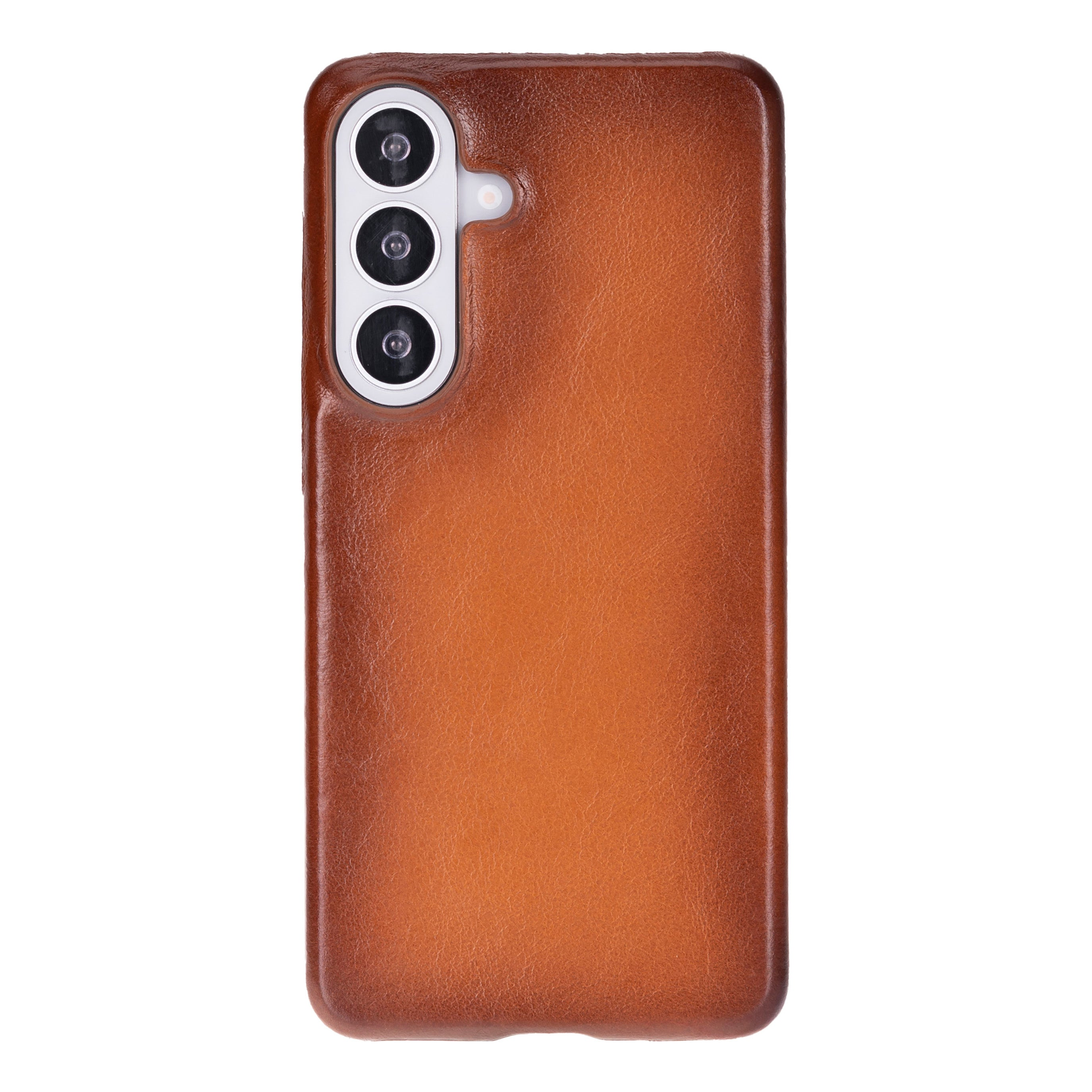 Üç kameralı kahverengi deri telefon kılıfı.
