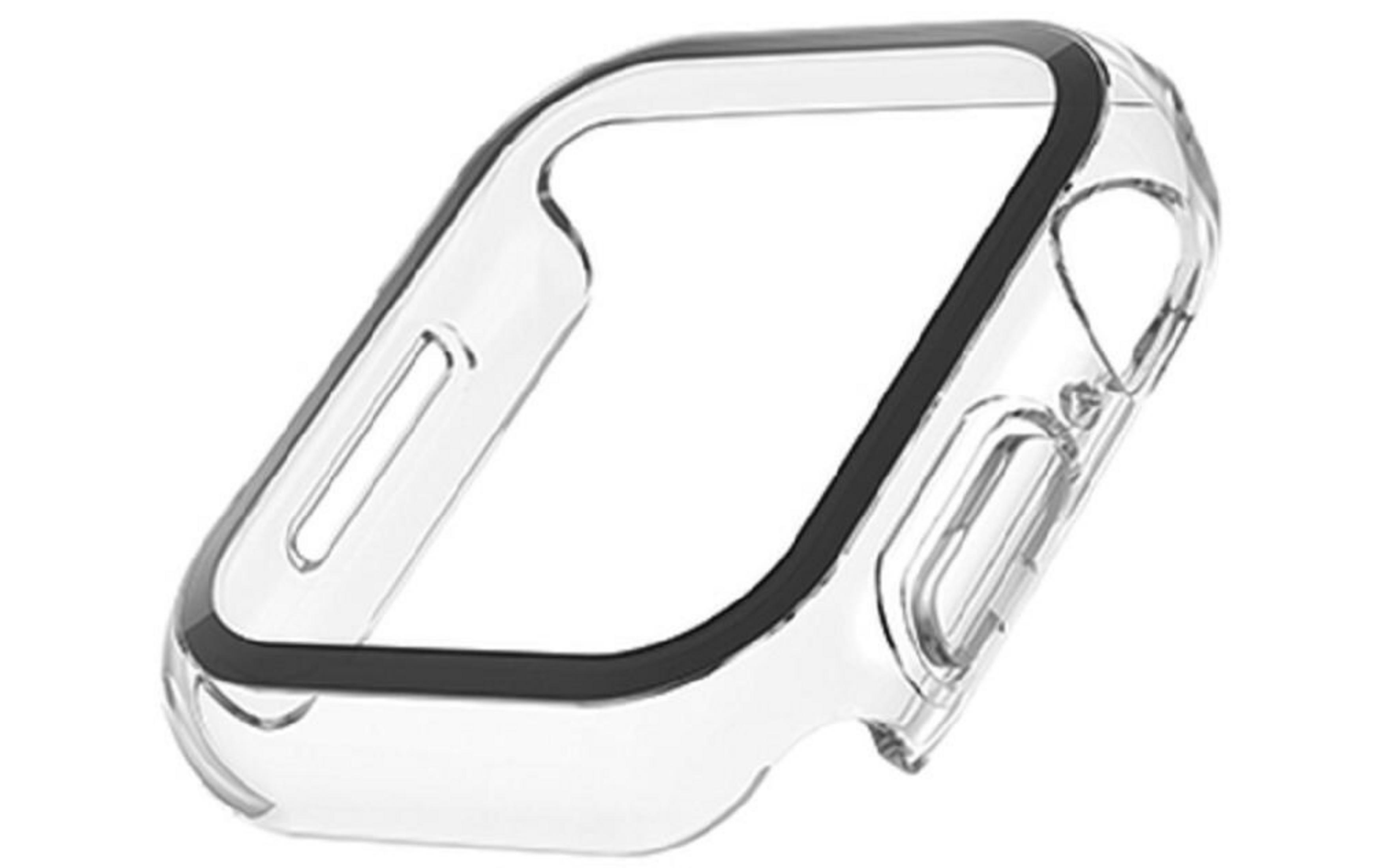 Una custodia protettiva trasparente per uno smartwatch con bordo nero.