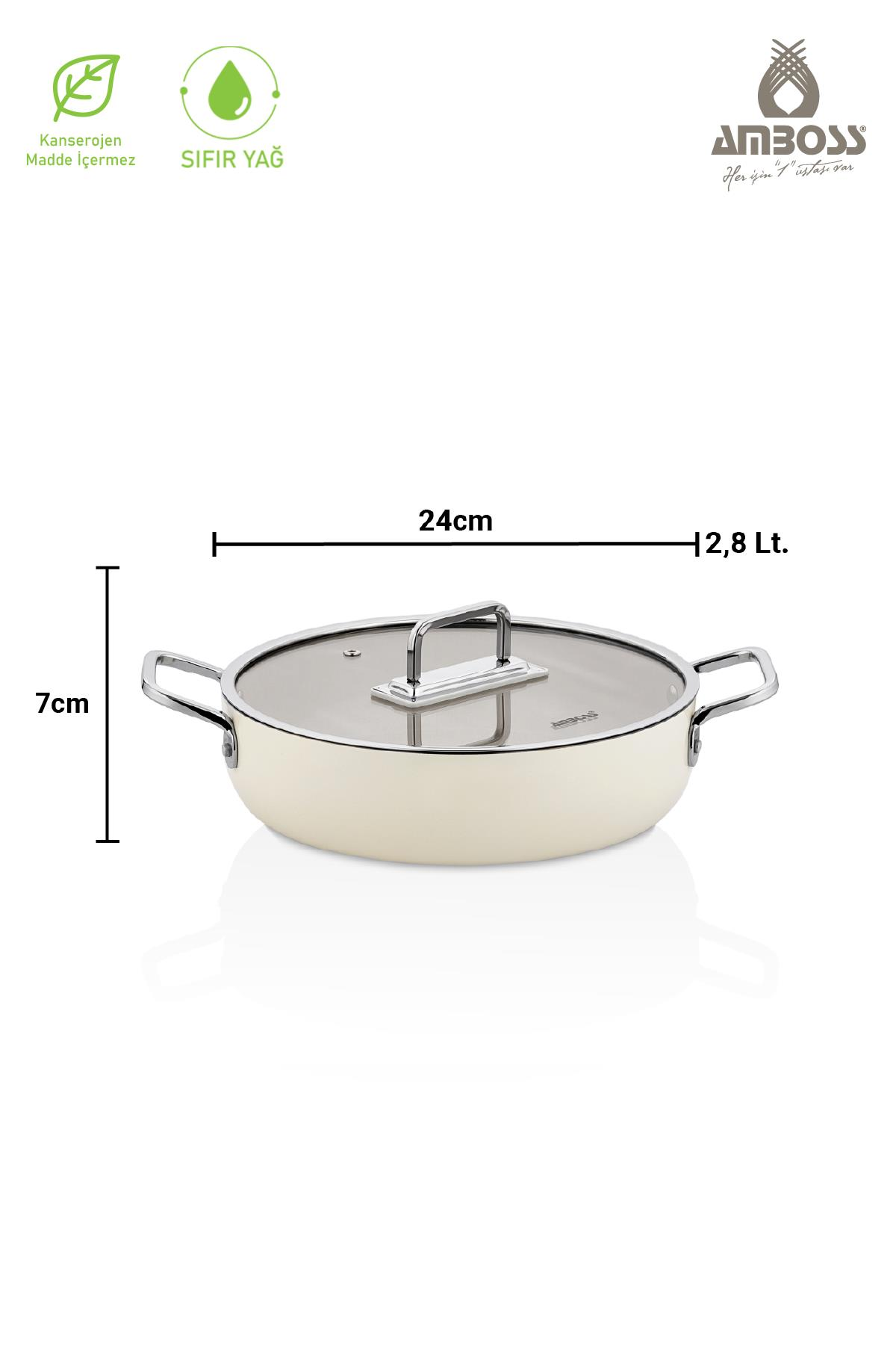 Krem rengi cam kapaklı tencere, 24cm çap, 7cm yükseklik, 2,8 litre.