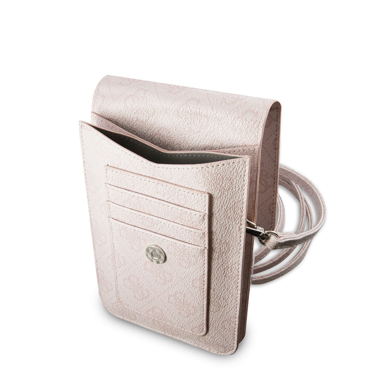 Piccola borsa rosa con stampa logo e porta carte.
