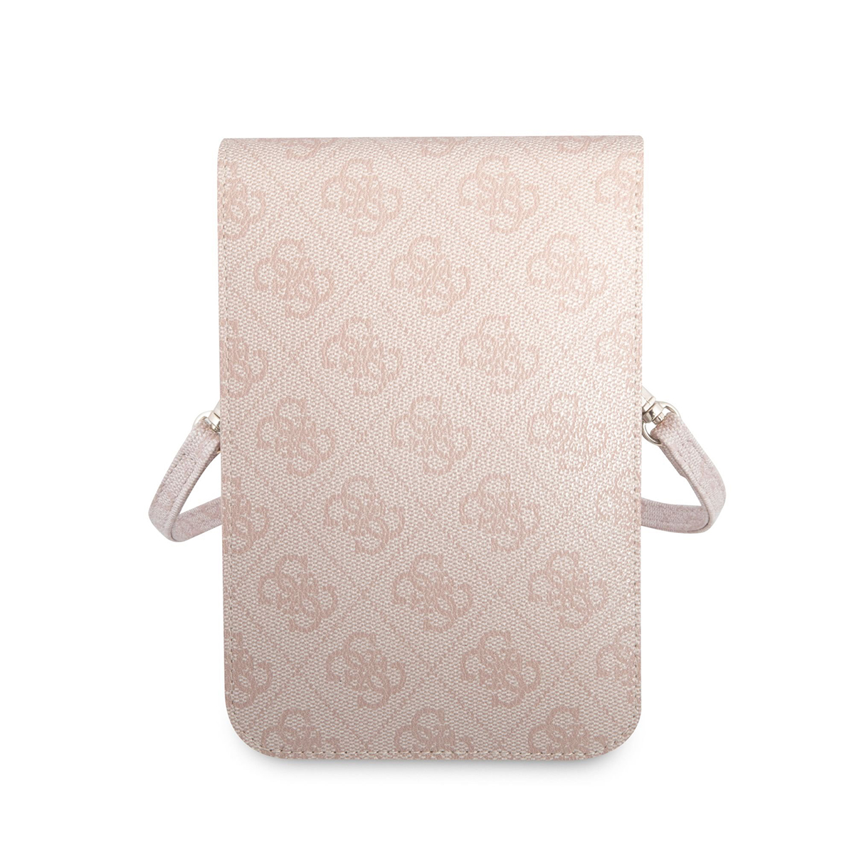 Una borsa rosa tenue con motivo monogramma ripetuto e due manici piccoli.