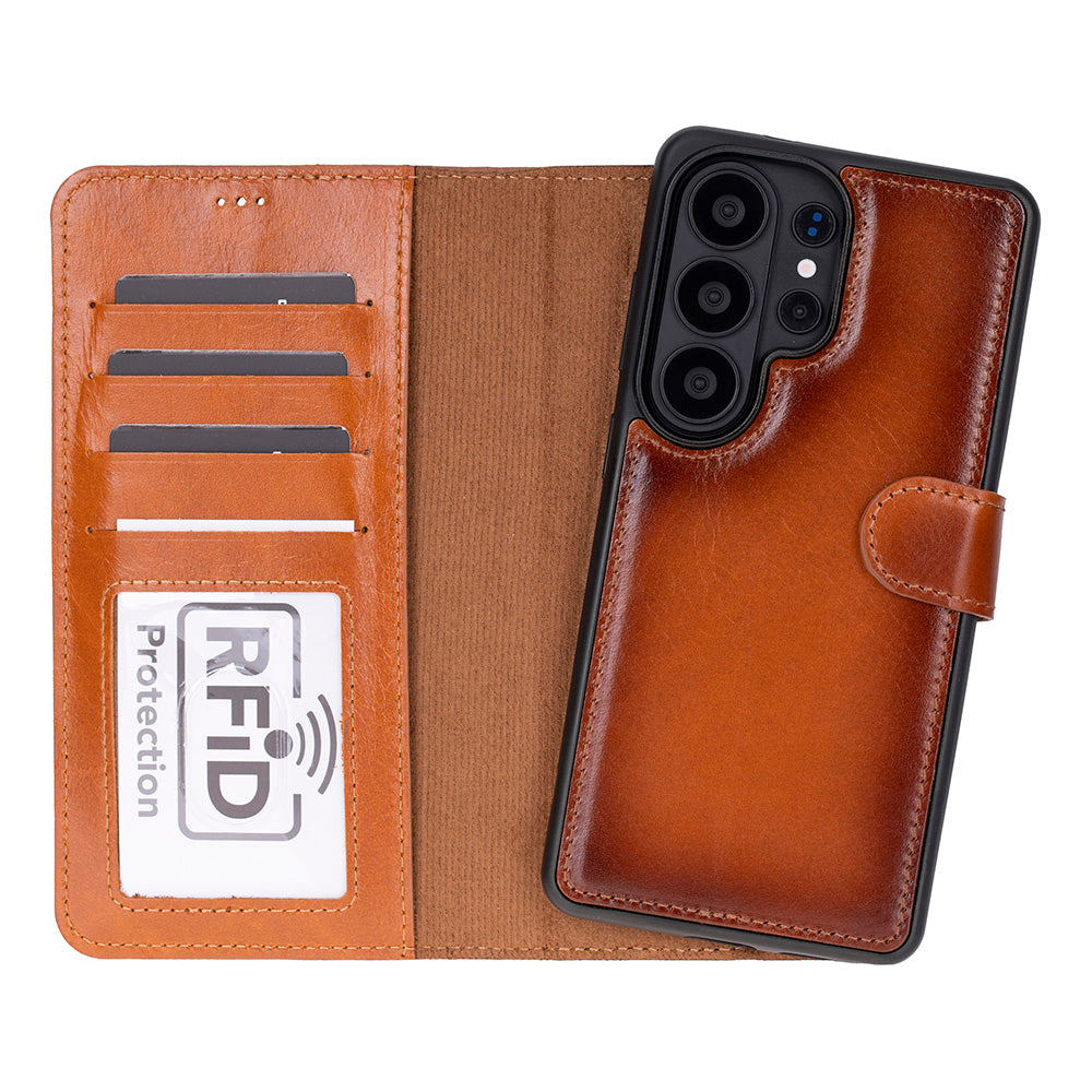 Kart yuvalı ve RFID korumalı kahverengi deri telefon kılıfı.