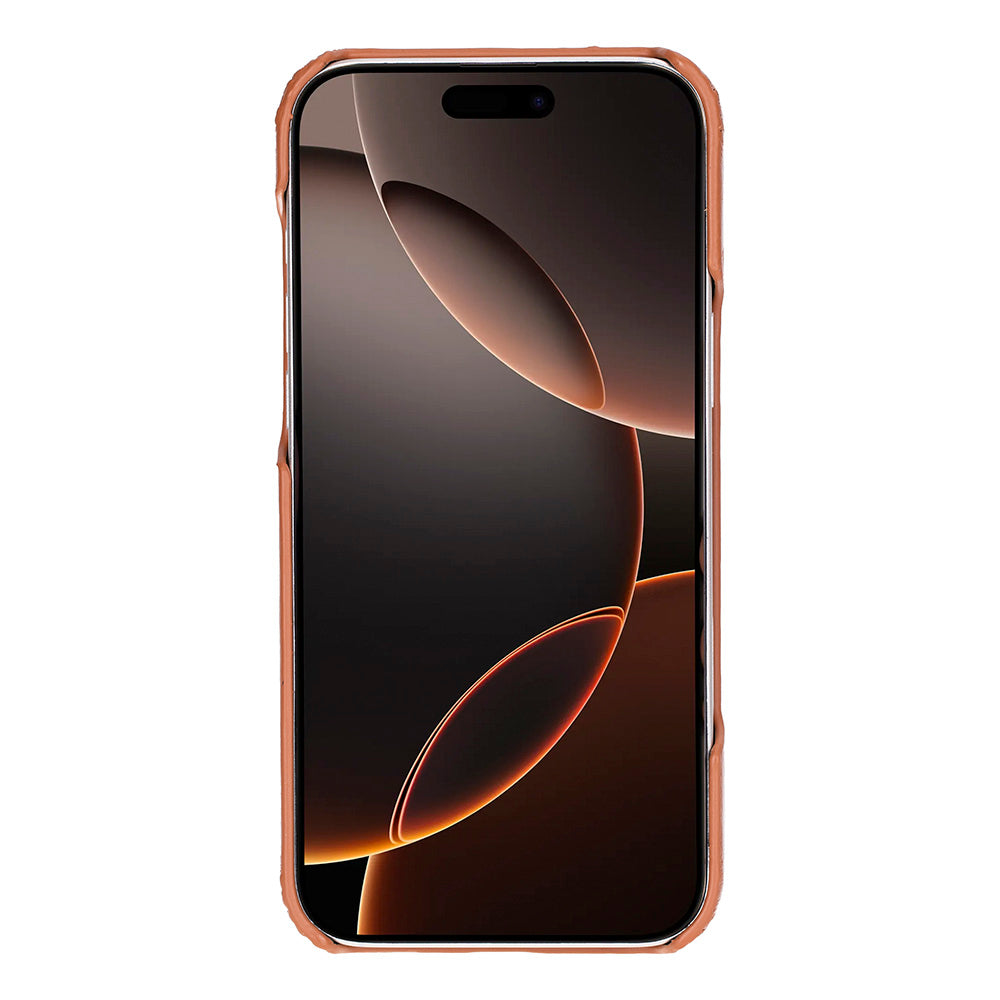 Turuncu ve kahverengi soyut desenli koyu ekranlı, açık kahverengi telefon kılıfı.