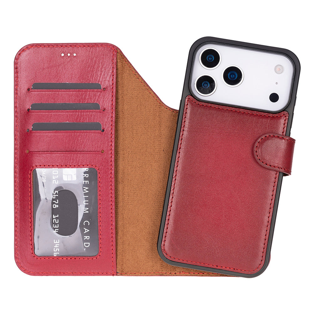 BLOOMINBAG BloomCase Apple iPhone 17 Pro (6.3") Uyumlu Hakiki Deri Çıkarılabilir Cüzdanlı Telefon Kılıfı Crimson Red