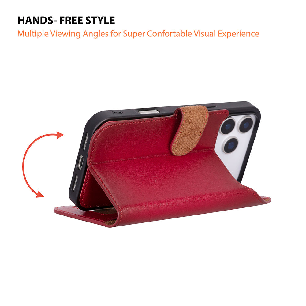 Kırmızı deri iPhone kılıfı stantlı ve kahverengi kayışlı.