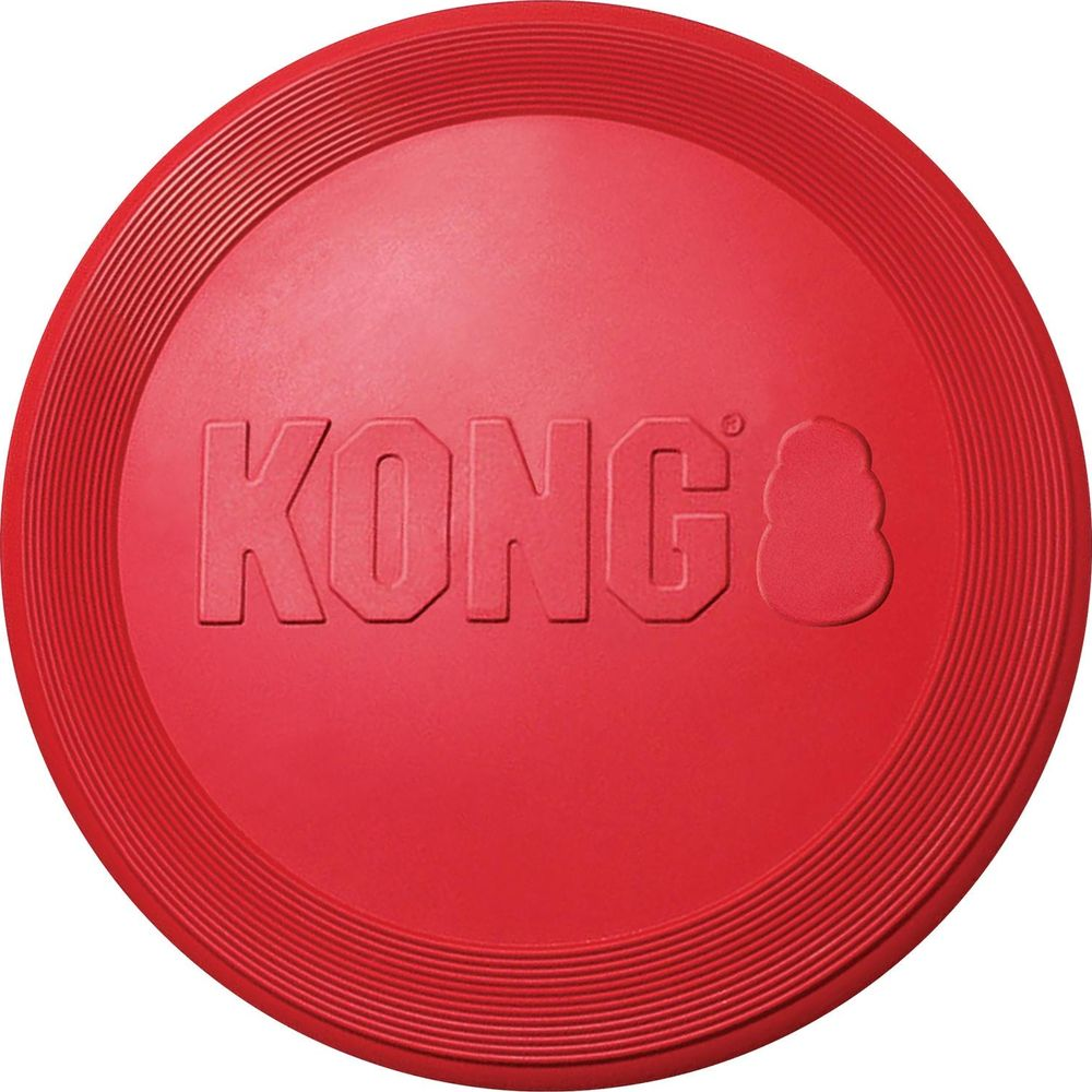 Roter Kong-Frisbee mit geprägtem Logo und geriffelten Rand.