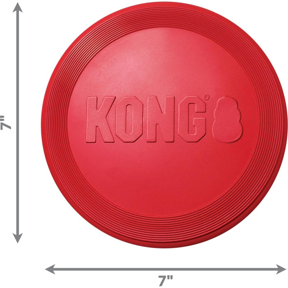 Ein roter Kong-Frisbee mit 7 Zoll Durchmesser.