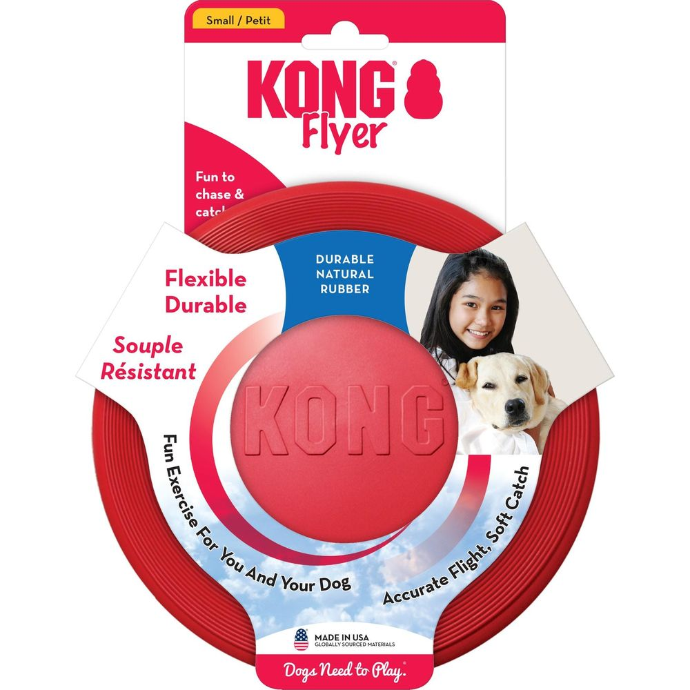 Rote KONG Flyer Frisbee für Hunde mit Bild eines Mädchens und Hund.