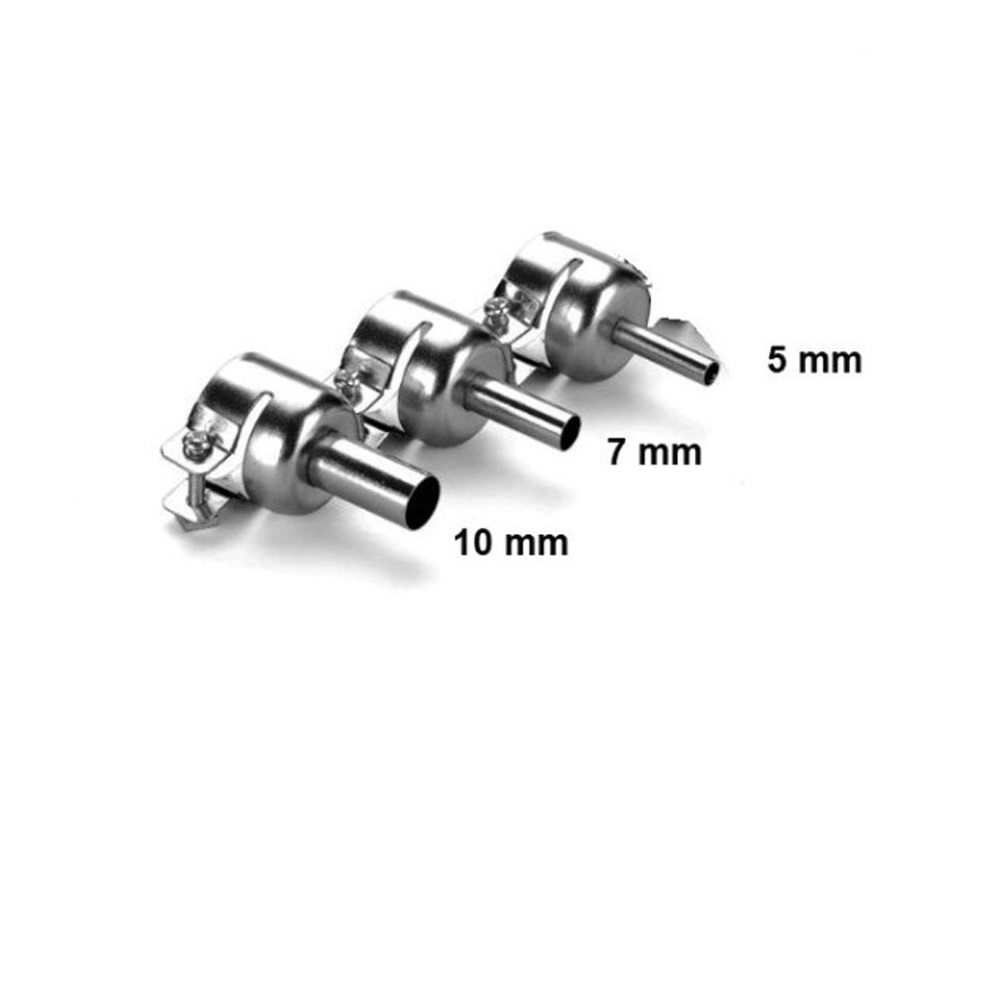 Üç gümüş renkli, farklı boyutlarda (10mm, 7mm, 5mm) nozul çapraz yerleştirilmiş.