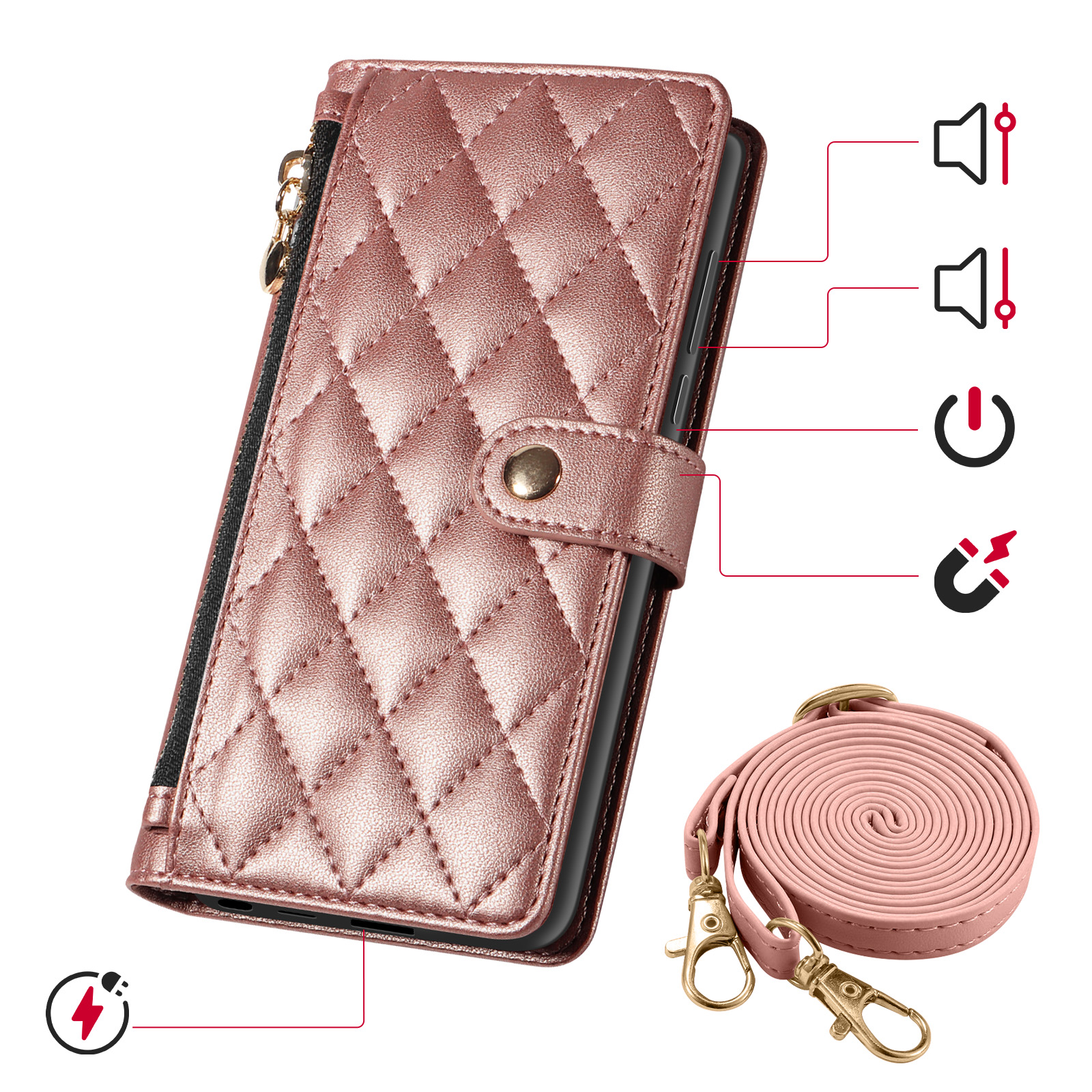 Una custodia per telefono trapuntata oro rosa con cinturino e icone volume, accensione e magnete.