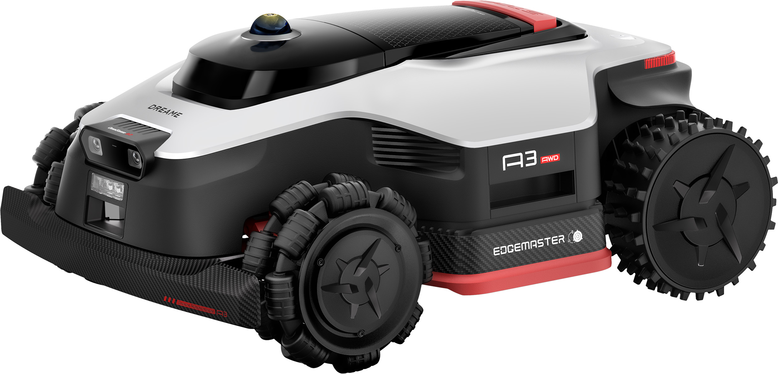 Nowoczesny robot koszący w kolorze czarnym, białym i czerwonym, z dużymi kołami.