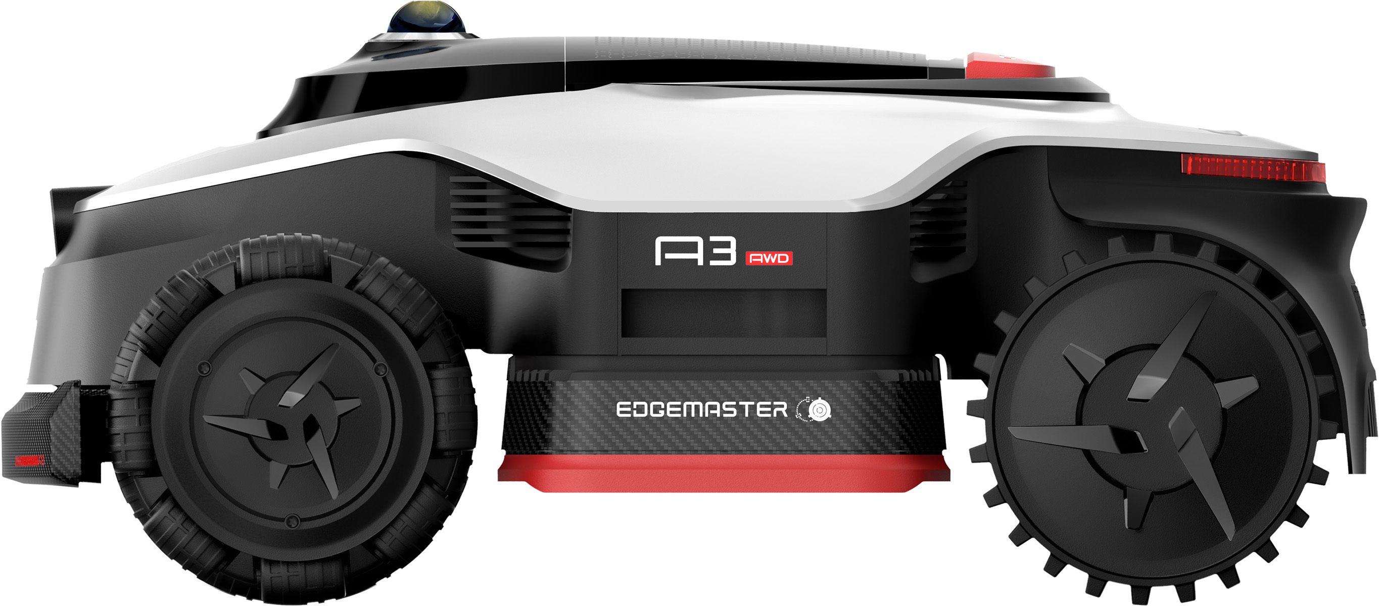 Biało-czarna kosiarka automatyczna z czerwonymi akcentami i dużymi kołami.