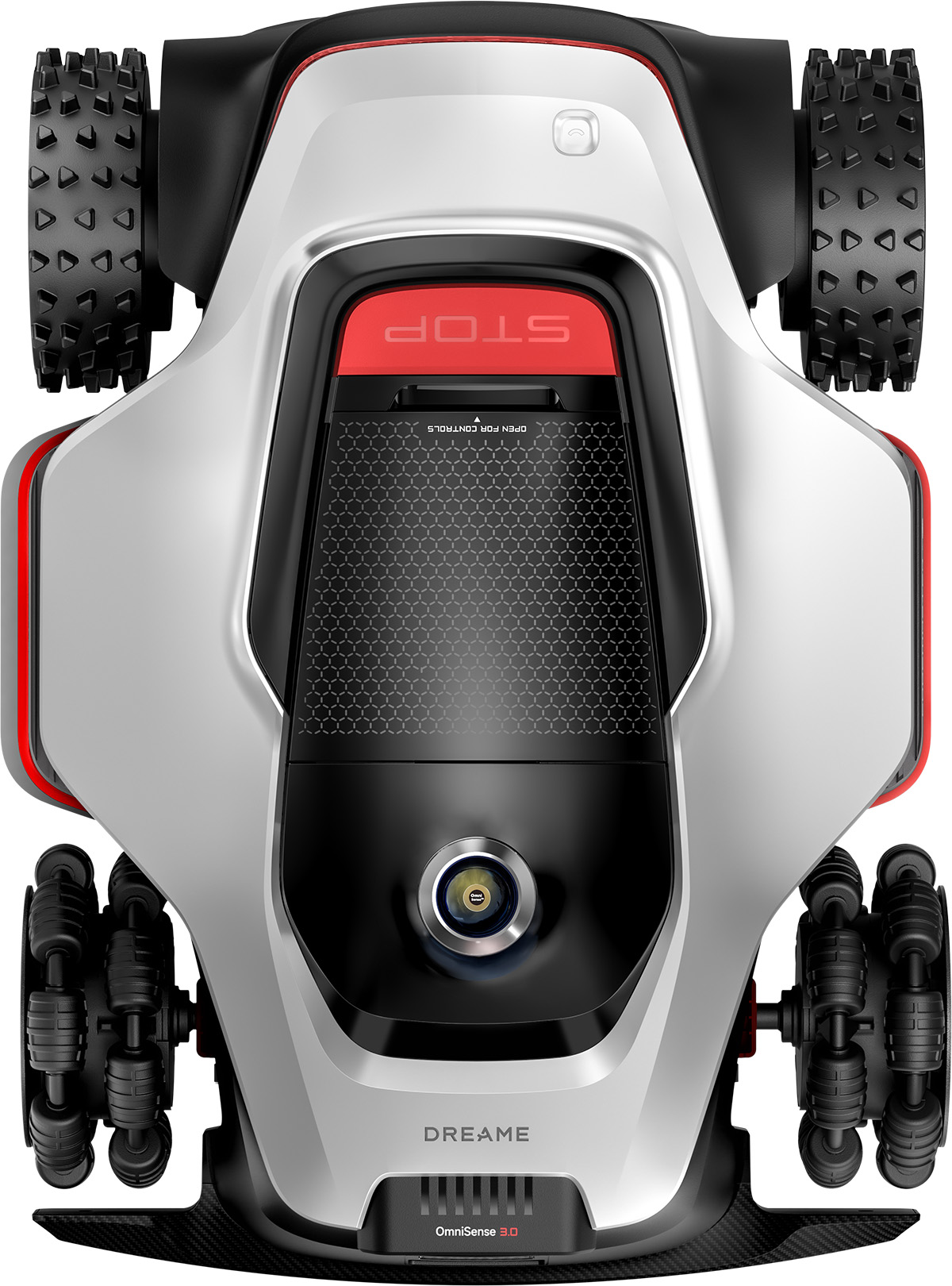 Srebrna kosiarka robotyczna z czarnymi kołami i czerwonym przyciskiem stop.