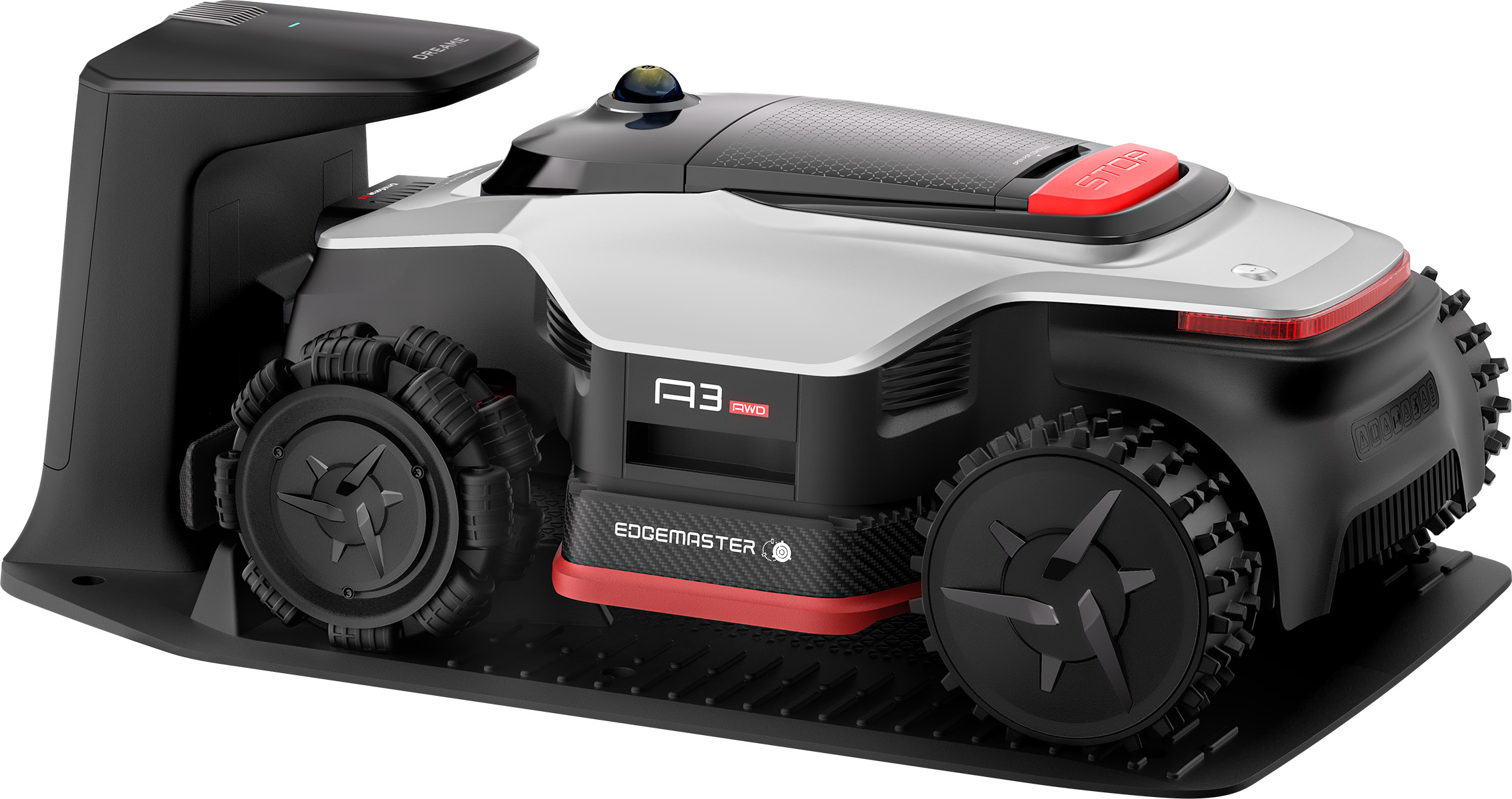 Nowoczesny, czarno-srebrny robot koszący z dużymi kołami i czerwonym przyciskiem STOP.