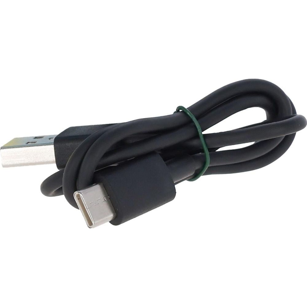 Czarny kabel USB-C z wtyczką USB-A, związany zieloną opaską.