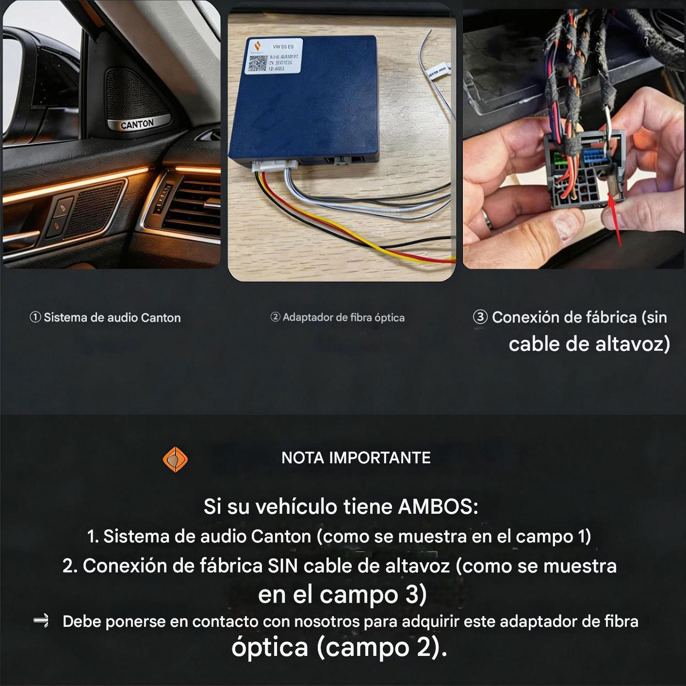 Tres imágenes: Audio Canton, adaptador fibra óptica, conexión fábrica.