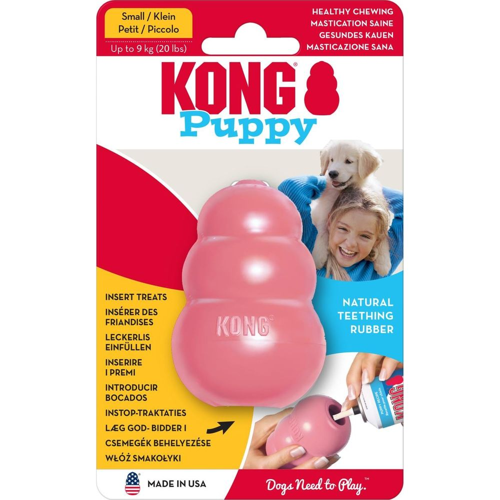 Opakowanie różowej gumowej zabawki KONG Puppy, z psem i dzieckiem.