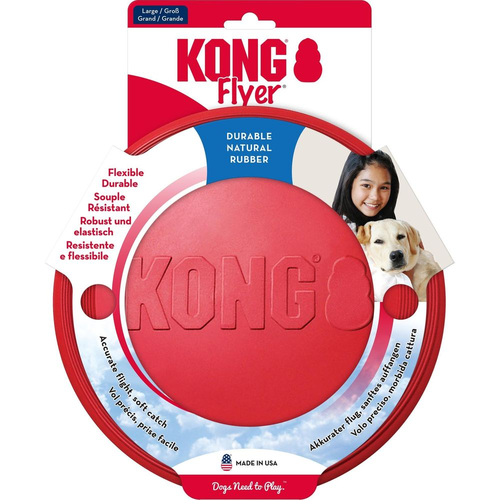 Ein roter KONG Flyer Hundespielzeug mit einem Mädchen und Hund.