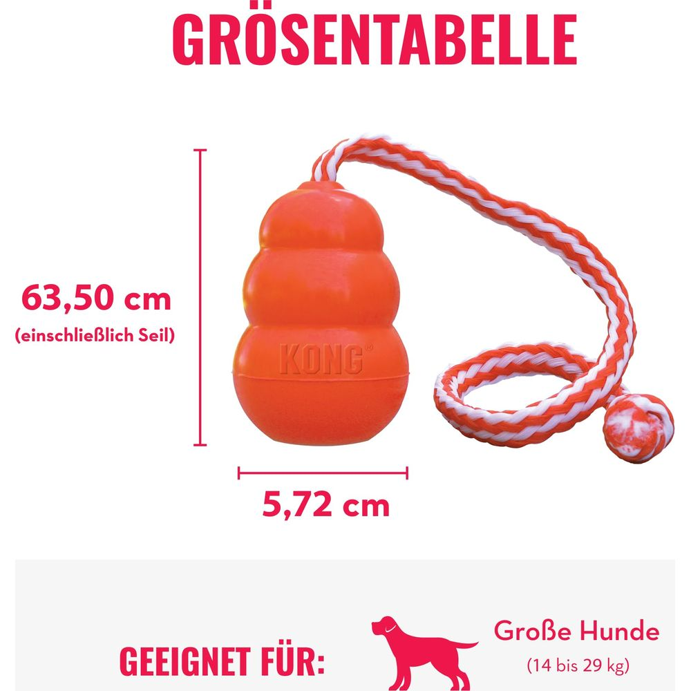 Pomarańczowa zabawka dla psa KONG z liną, wymiary 63,50 cm, dla dużych psów.