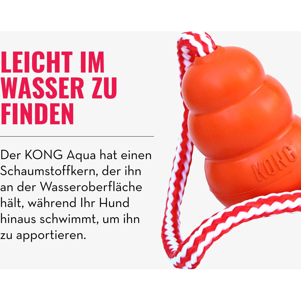 Pomarańczowa zabawka KONG Aqua z czerwono-białą liną unosi się na wodzie.