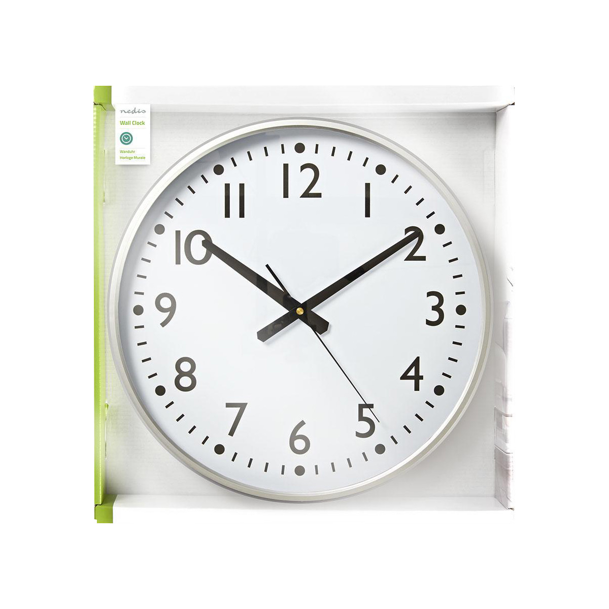 Weiße Wanduhr mit silbernem Rahmen und schwarzen Zeigern und Zahlen.