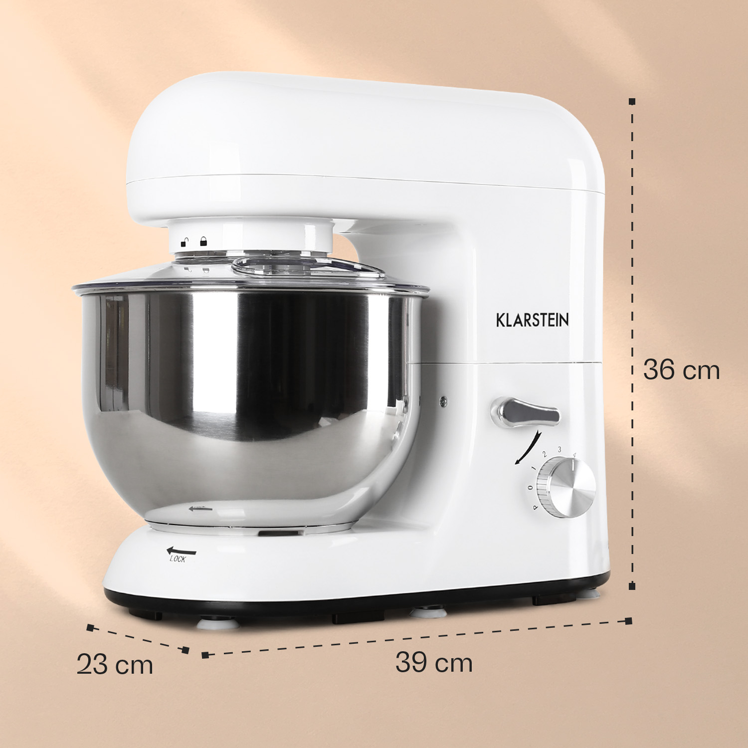 Eine weiße Küchenmaschine mit Edelstahlschüssel und Bedienelementen.