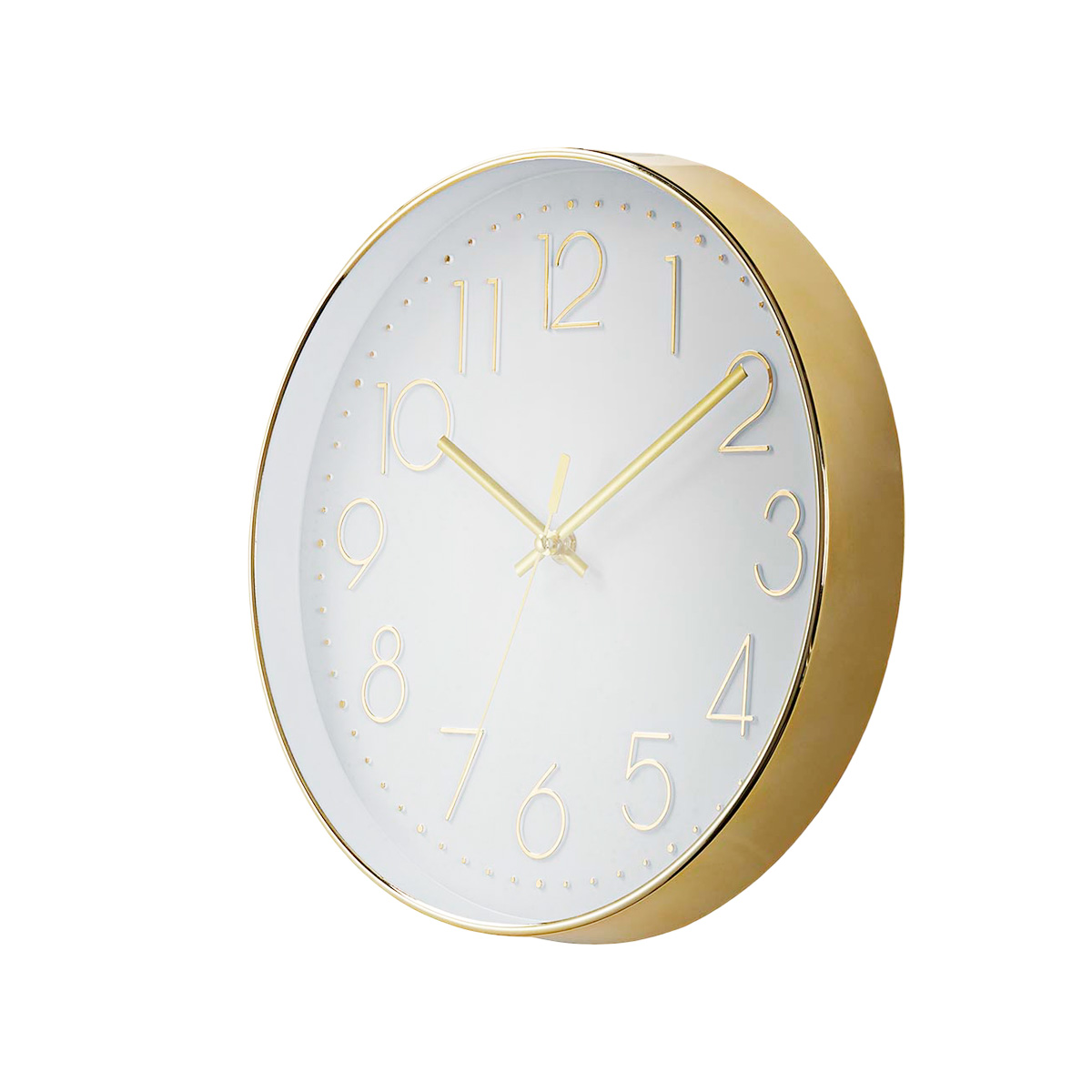 Eine runde, weiße Uhr mit goldenem Rahmen und goldenen Ziffern. Die Zeiger sind gold.
