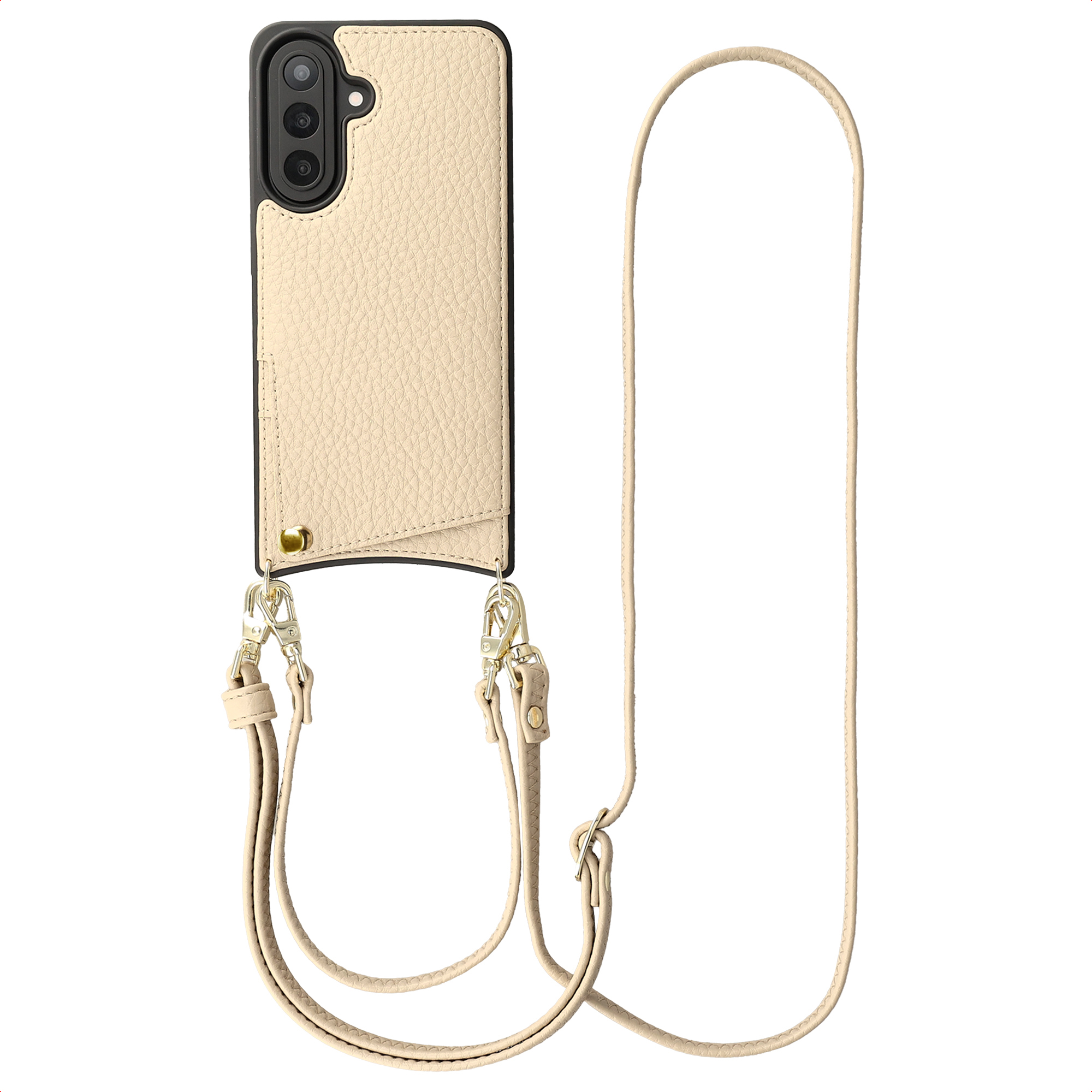 Coque de téléphone beige avec découpe caméra et lanière réglable.