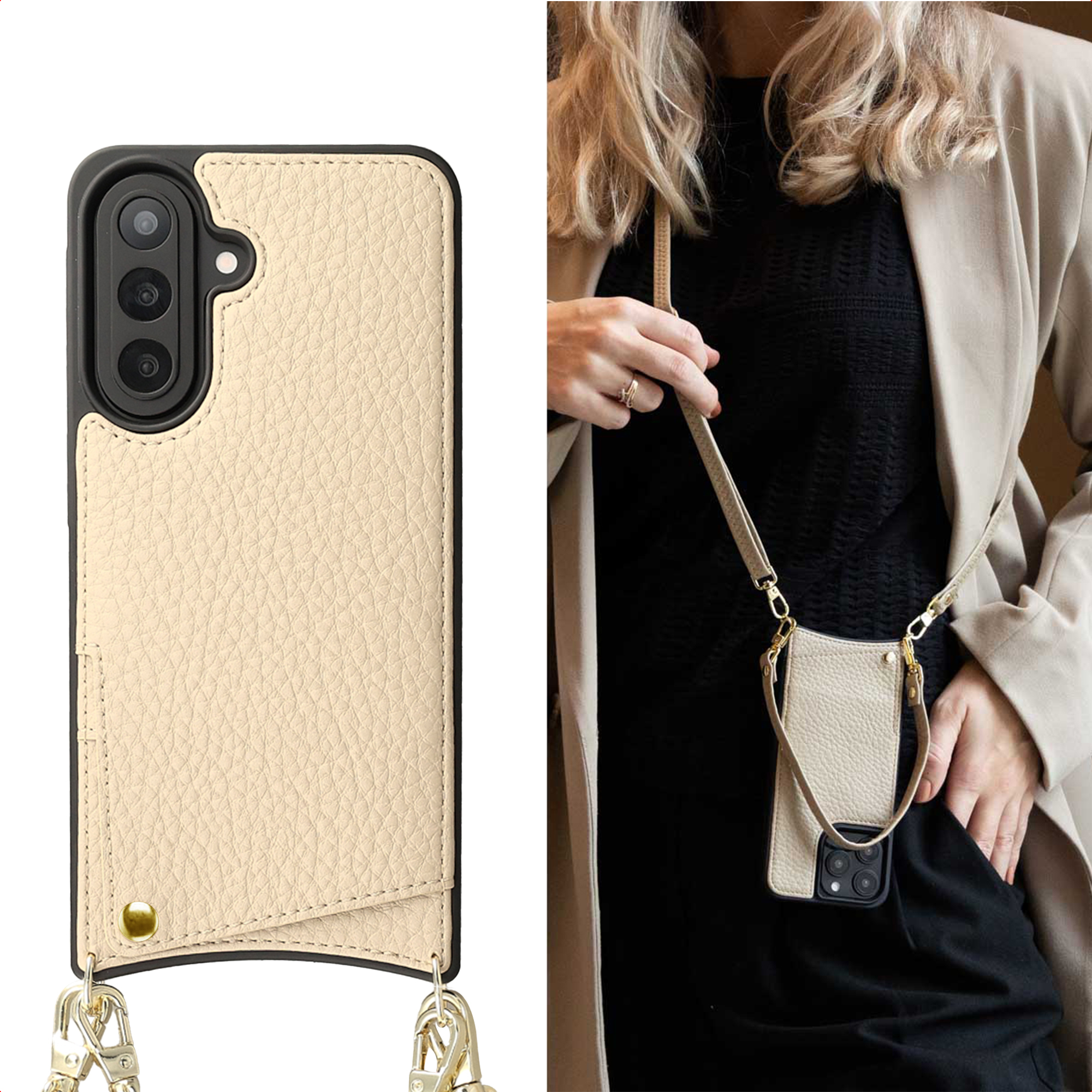 Coque de téléphone en cuir beige avec sangle et quincaillerie dorée, portée par une personne.
