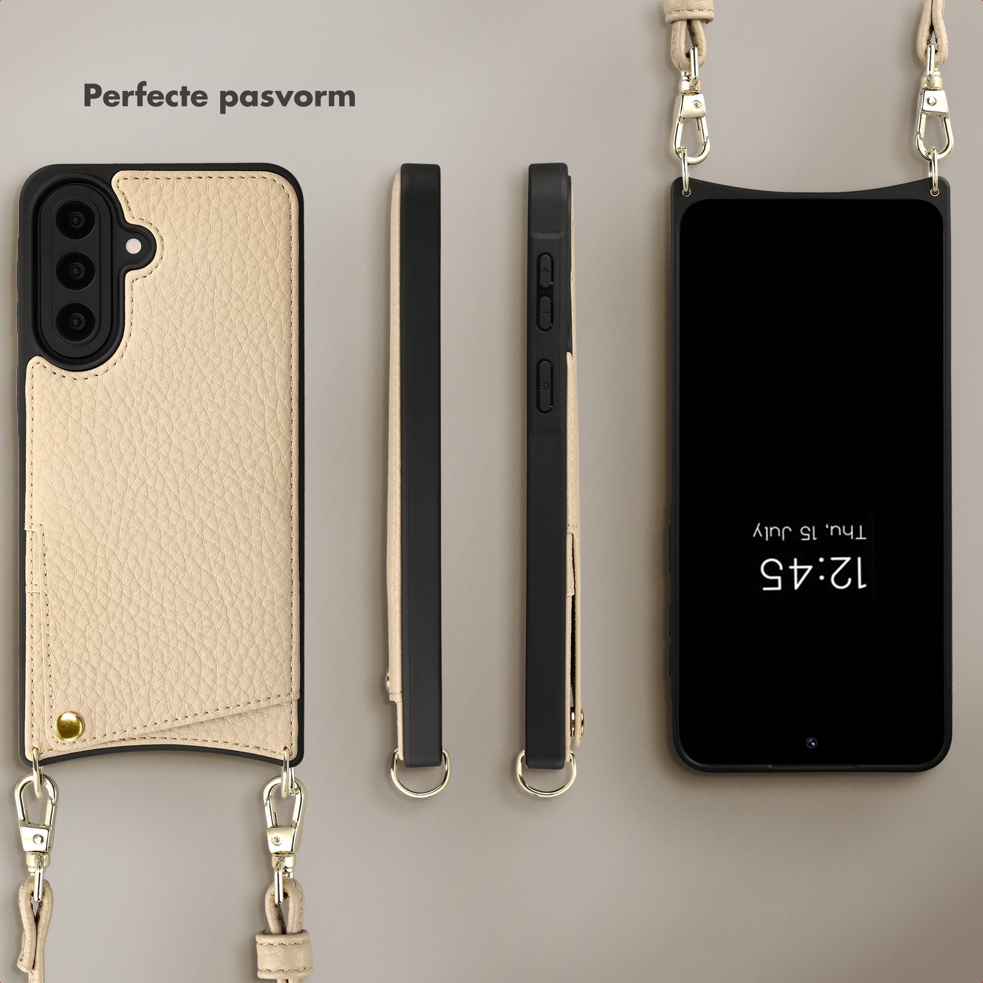 Étui de téléphone en cuir beige avec sangle. Montre l'avant, les côtés et le dos.