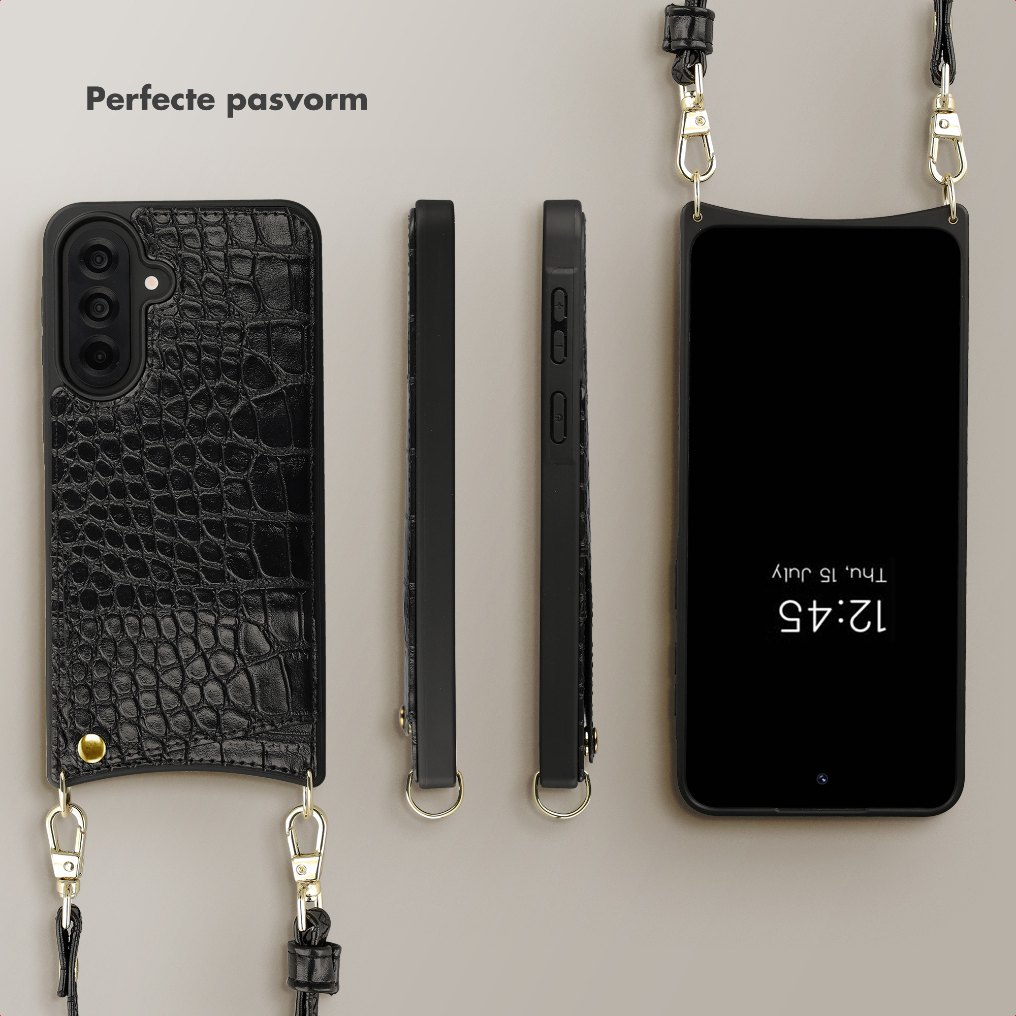 Custodia nera effetto coccodrillo con cinturino. Mostra un telefono con l'ora.